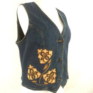 Laura G Blue Denim Embroidered Applique Metal Button Vest 10